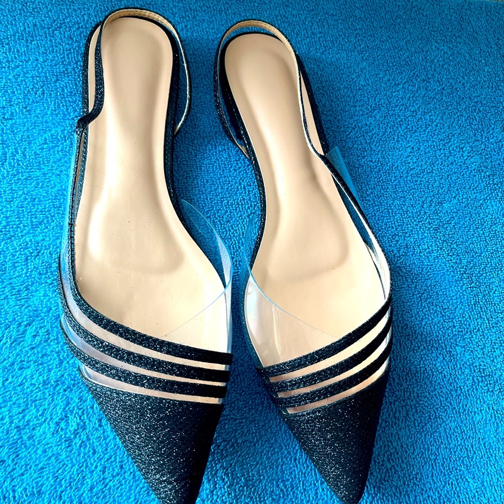 Black shimmer and nude size 10 flats